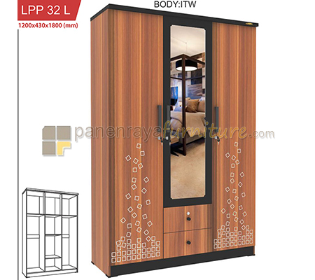 Panen Raya Furniture LEMARI PAKAIAN 3 PINTU KACA ROMARO LPP 32 L (ITALIAN WALNUT)