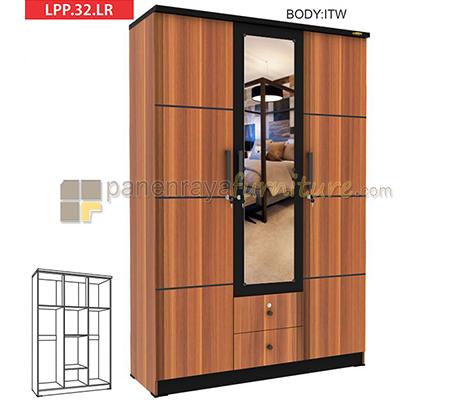 Panen Raya Furniture LEMARI PAKAIAN 3 PINTU KACA ROMARO LPP 32 LR (ITALIAN WALNUT)