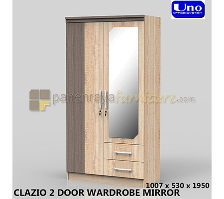 Panen Raya Furniture UNO LEMARI PAKAIAN 2 PINTU CERMIN CLAZIO BROWN