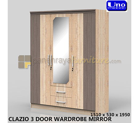 Panen Raya Furniture UNO LEMARI PAKAIAN 3 PINTU CERMIN CLAZIO BROWN