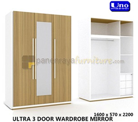 Panen Raya Furniture UNO LEMARI PAKAIAN 3 PINTU CERMIN ULTRA MAPLE WHITE