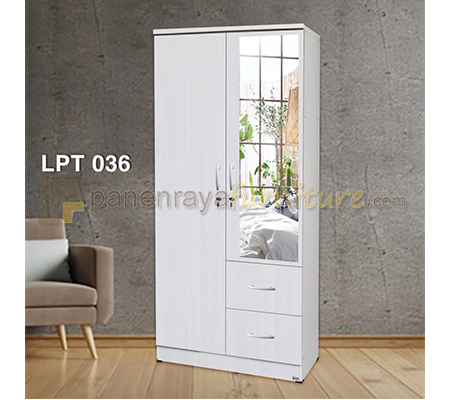 Panen Raya Furniture Lemari Pakaian 2 Pintu Cermin Lunar LPT 036 Sonoma White 80x42x180