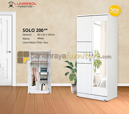 Panen Raya Furniture Lemari Pakaian 2 Pintu Cermin Lunar SOLO 200 Sonoma White 80x42x180