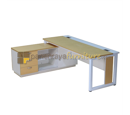 Panen Raya Meja Kantor Manager QBIC MED 2016 R Maple 200x160x75 Kaki Metal Putih