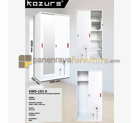 Panen Raya Furniture Lemari Pakaian Metal 2 Pintu Sliding Motif Plus Cermin Kozure KWD 102 G Light Grey