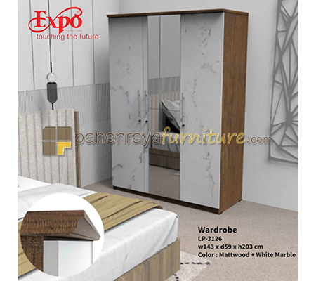 Panen Raya Furniture Lemari Pakaian 3 Pintu Expo LP 3126 Matt Wood-White Marble 142x57x200