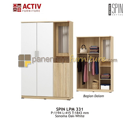 Panen Raya Furniture LEMARI PAKAIAN 3 PINTU CERMIN ACTIV SPIN LPM 331 SONOMA OAK-WHITE 120x42x185