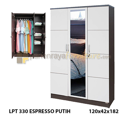 Panen Raya Furniture Lemari Pakaian 3 Pintu Cermin Lunar LPT 330 Espresso White 120x42x180