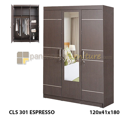 Panen Raya Furniture Lemari Pakaian 3 Pintu Cermin Lunar CLS 301 Espresso 120x42x180