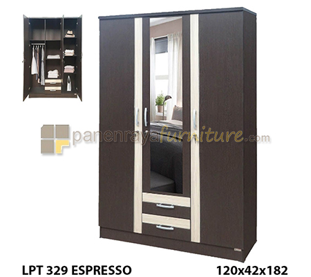 Panen Raya Furniture Lemari Pakaian 3 Pintu Cermin Lunar LPT 329 Espresso 120x42x180