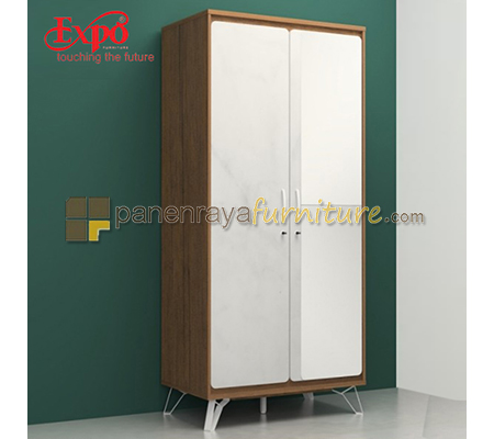 Panen Raya Furniture Lemari Pakaian 2 Pintu Cermin Expo LP 2128 Mattwood-White Marble 100x60x215