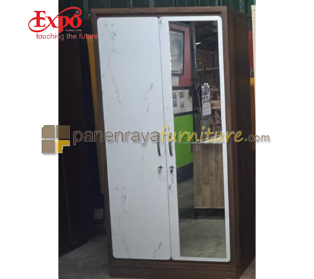 Panen Raya Furniture Lemari Pakaian 2 Pintu Cermin Expo LP 2123.1 Mattwood-White Marble 103x50x208