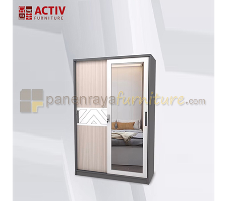 Panen Raya Furniture Lemari Pakaian Besi 2 Pintu Sliding Activ Forte SL 90 B Dark Grey Light Teak 90x50x185