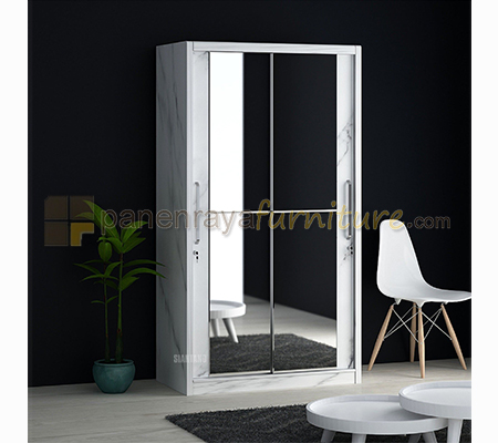 Panen Raya Furniture Lemari Pakaian 2 Pintu Sliding Cermin Siantano LP Marble 2D SL 120x60x220 White Glossy-Marble