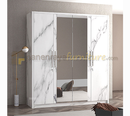 Panen Raya Lemari Pakaian Siantano LP Marble 4D SW 200x60x220 White Glossy-Marble